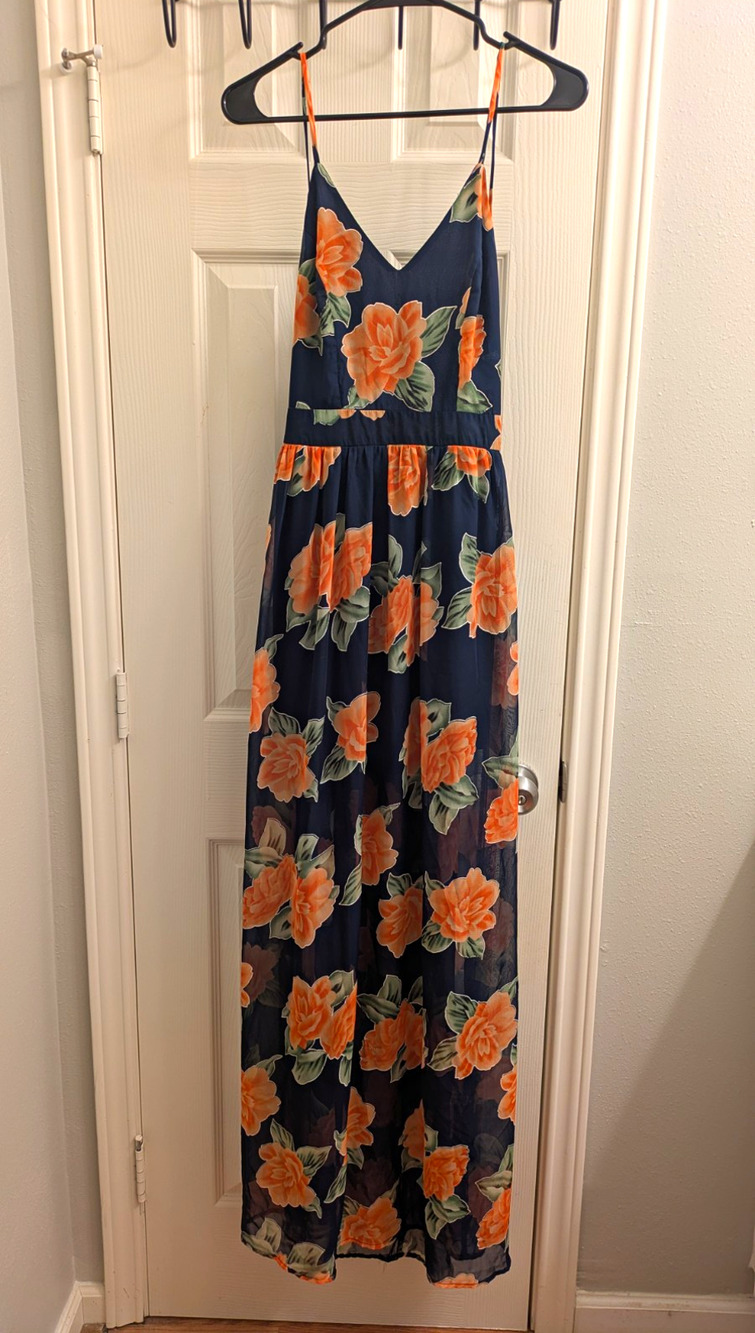 Shop17 Floral Chiffon Maxi Dress M Navy Orange Green V-Neck Sleeveless Strappy